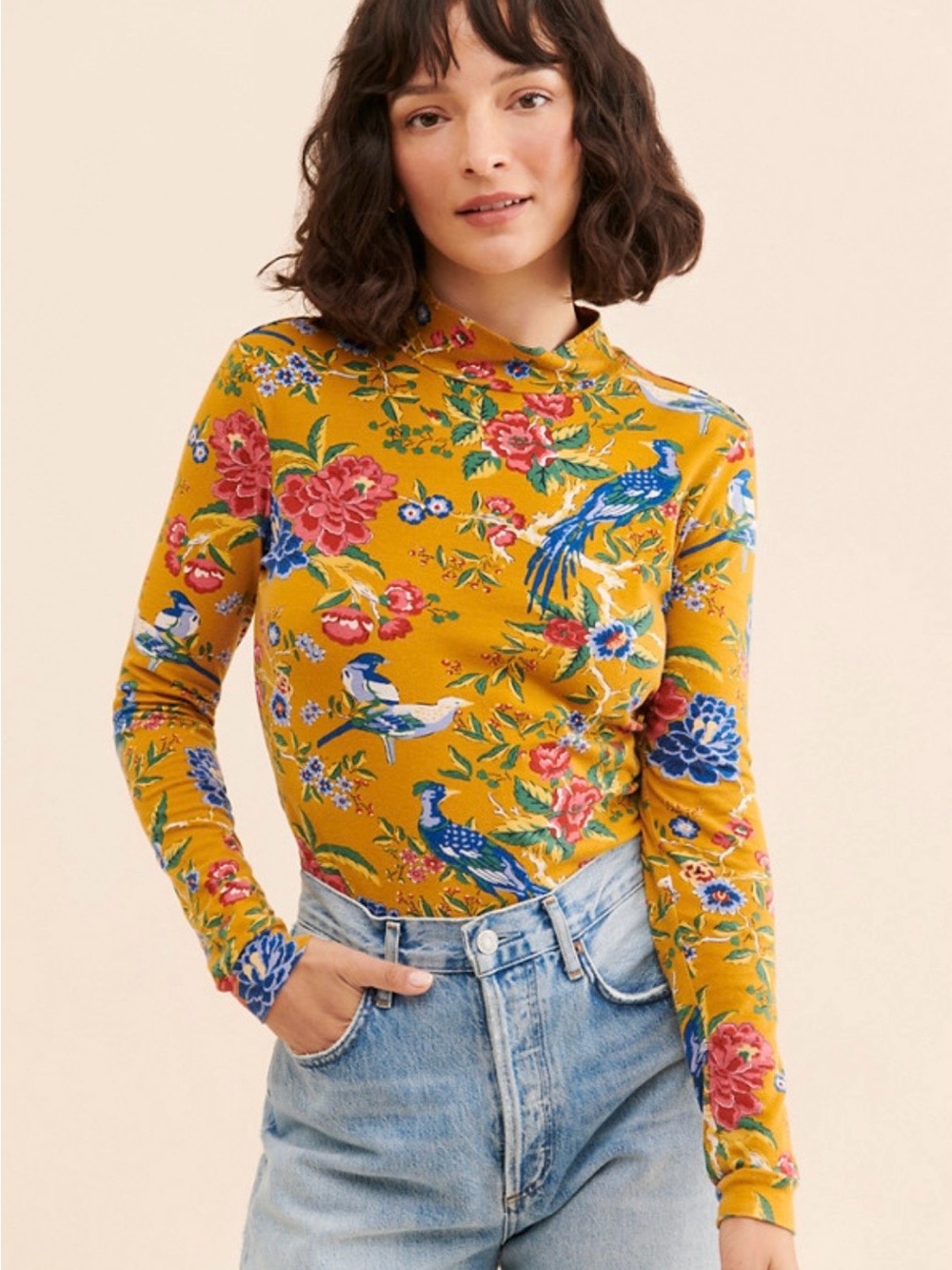 Maeve Mustard Floral & Bird Print Turtleneck Long Sleeve Top